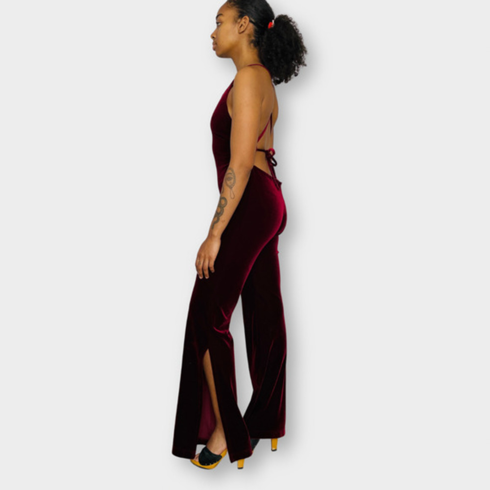 70s Mitra Modelle Burgundy Velour Bellbottom Jumpsuit - Picture 5 of 9